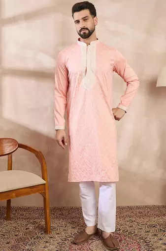Men pink silk blend ethnic motifs embroidered straight kurta