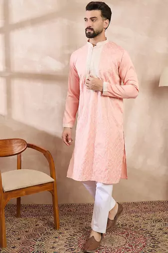 Men pink silk blend ethnic motifs embroidered straight kurta