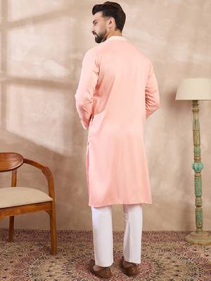 Men pink silk blend ethnic motifs embroidered straight kurta 4