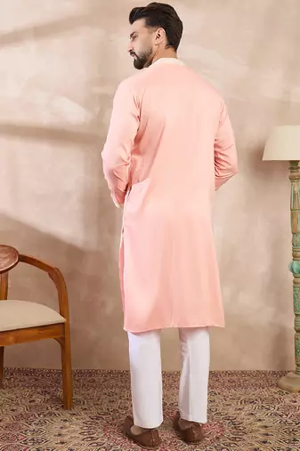 Men pink silk blend ethnic motifs embroidered straight kurta