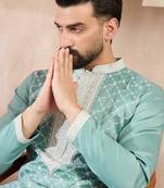 Men teal silk blend geometric embroidered straight kurta