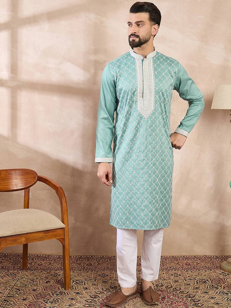 Men teal silk blend geometric embroidered straight kurta