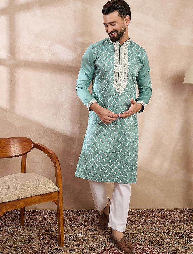 Men teal silk blend geometric embroidered straight kurta