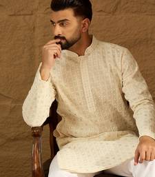 Men off white cotton solid printed straight kurta