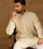 Men off white cotton solid printed straight kurta