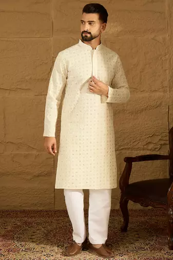 Men off white cotton solid printed straight kurta