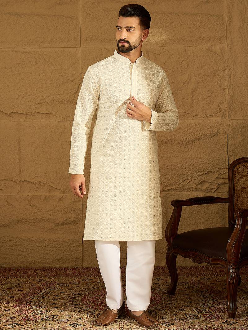 Men off white cotton solid printed straight kurta