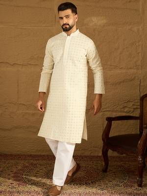 Men off white cotton solid printed straight kurta 3
