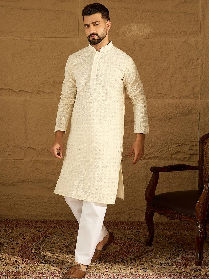Men off white cotton solid printed straight kurta