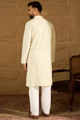 Men off white cotton solid printed straight kurta