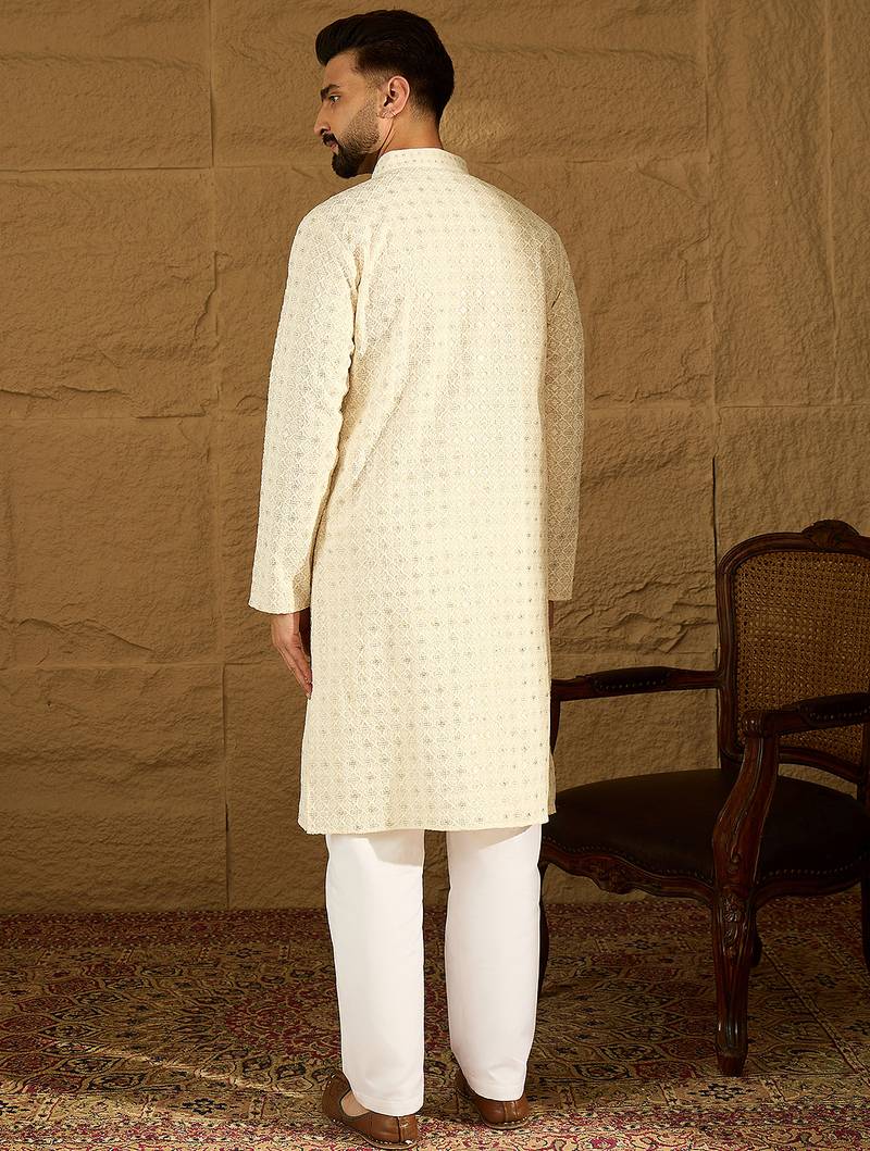 Men off white cotton solid printed straight kurta