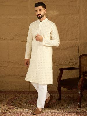Men off white cotton solid printed straight kurta 5