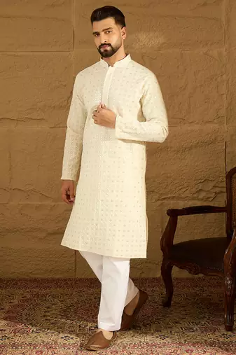 Men off white cotton solid printed straight kurta