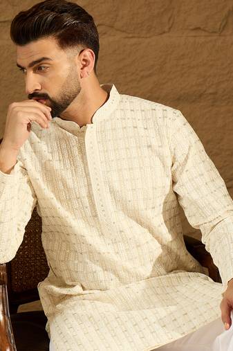 Men beige cotton solid printed straight kurta