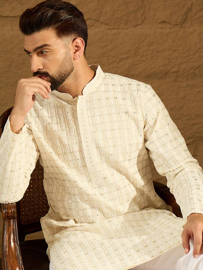 Men beige cotton solid printed straight kurta