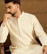 Men beige cotton solid printed straight kurta
