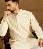 Men off white cotton solid printed straight kurta