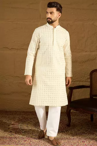 Men beige cotton solid printed straight kurta
