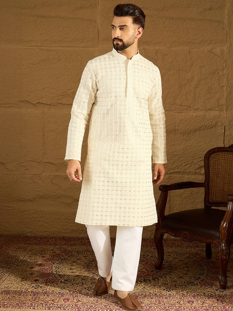 Men beige cotton solid printed straight kurta