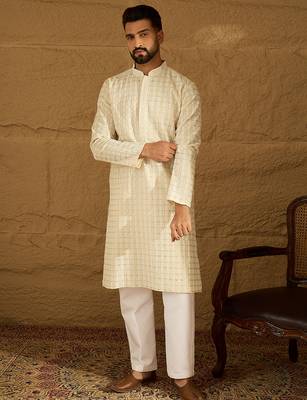 Men beige cotton solid printed straight kurta 3