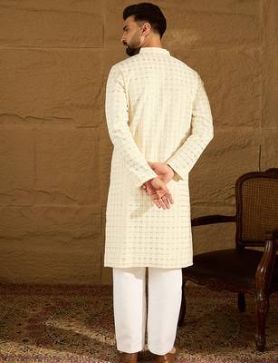 Men beige cotton solid printed straight kurta 4