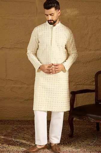 Men beige cotton solid printed straight kurta