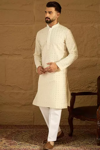 Men off white cotton solid printed straight kurta
