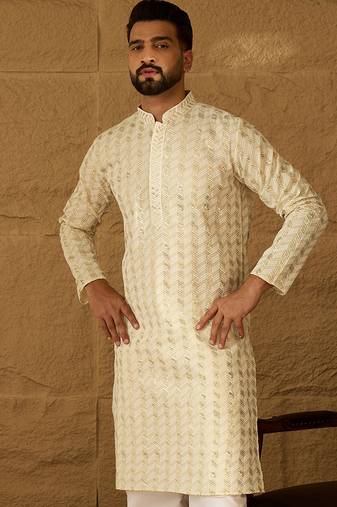 Men beige cotton solid printed straight kurta