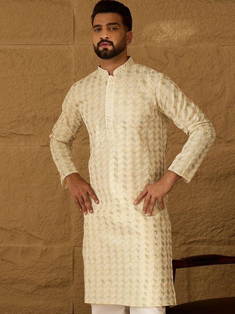 Men beige cotton solid printed straight kurta