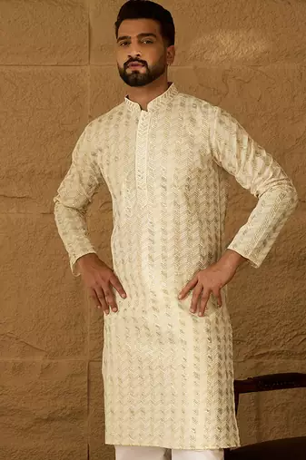 Men beige cotton solid printed straight kurta