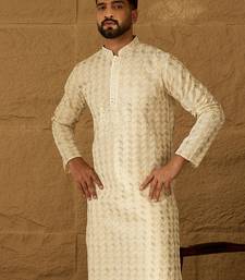 Men beige cotton solid printed straight kurta
