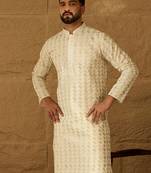 Men beige cotton solid printed straight kurta