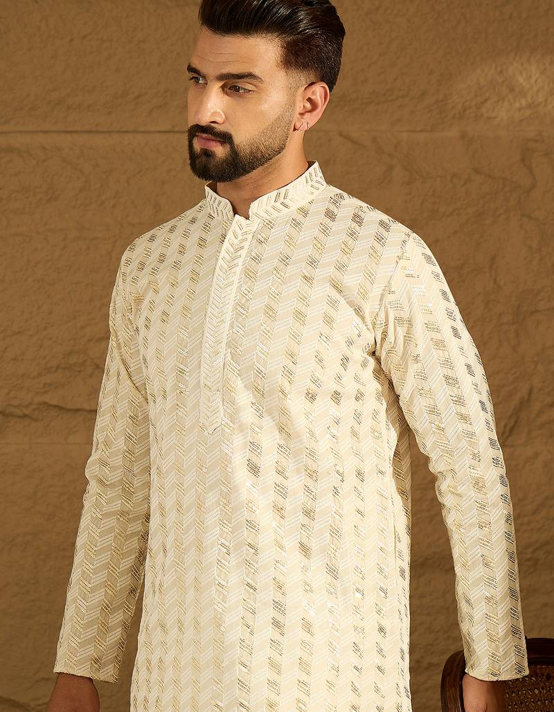 Men off white cotton solid printed straight kurta