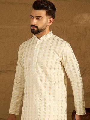 Men beige cotton solid printed straight kurta 2