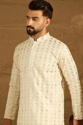 Men beige cotton solid printed straight kurta