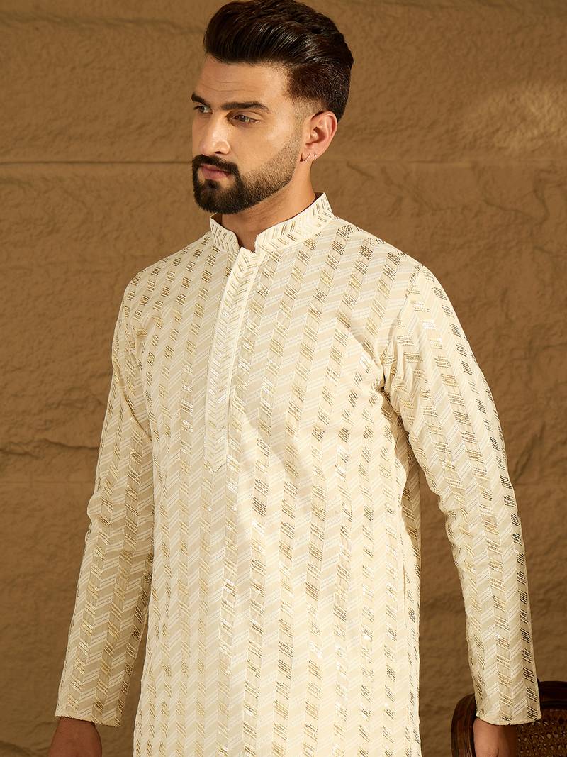 Men beige cotton solid printed straight kurta