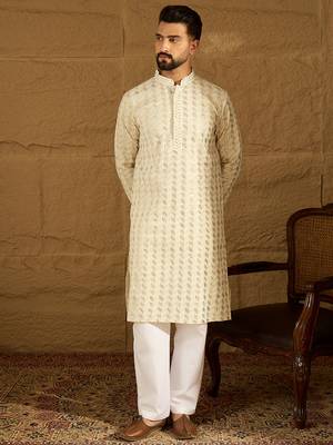 Men beige cotton solid printed straight kurta 3