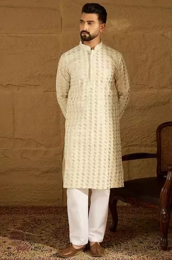 Men beige cotton solid printed straight kurta