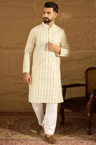 Men beige cotton solid printed straight kurta