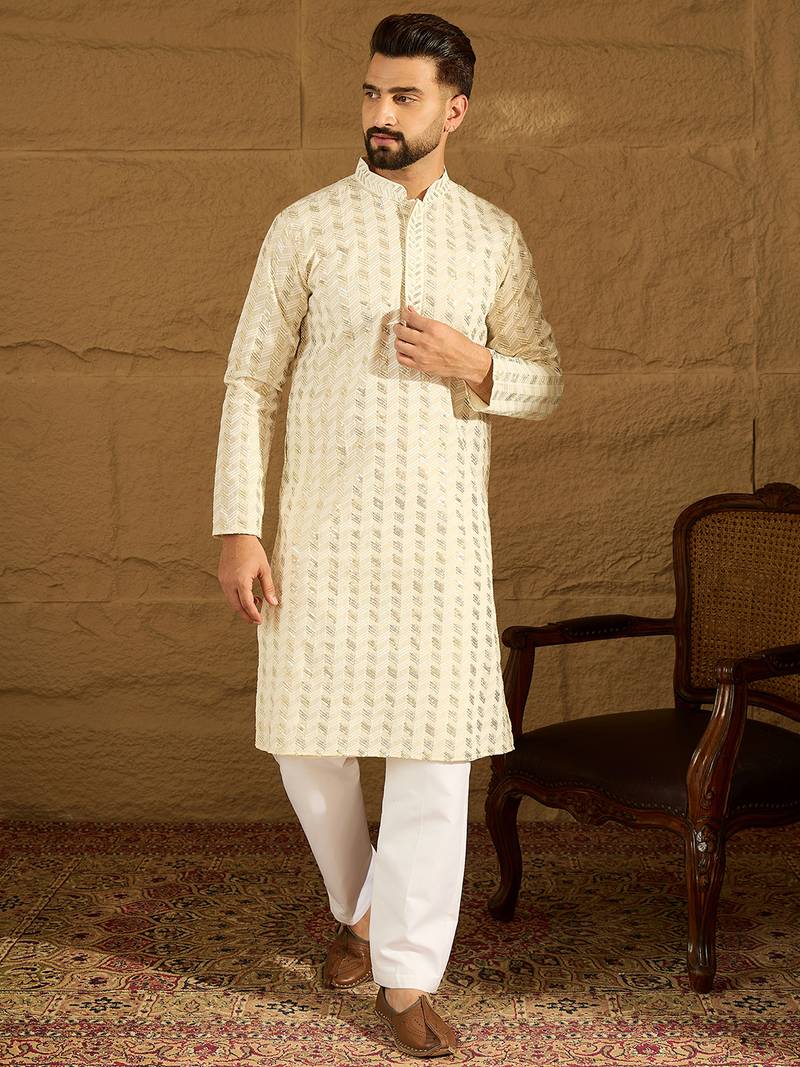 Men beige cotton solid printed straight kurta