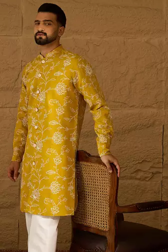 Men yellow viscose rayon solid embroidered straight kurta
