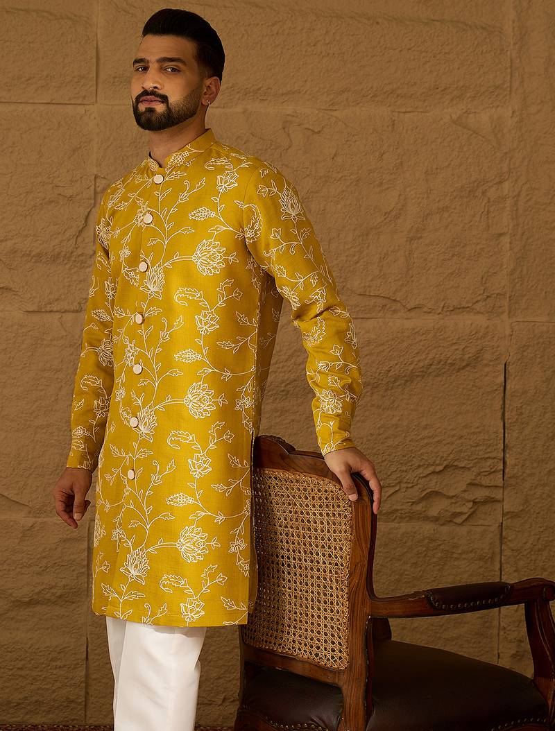 Men yellow viscose rayon solid embroidered straight kurta