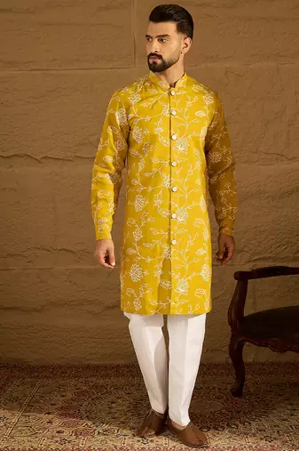 Men yellow viscose rayon solid embroidered straight kurta