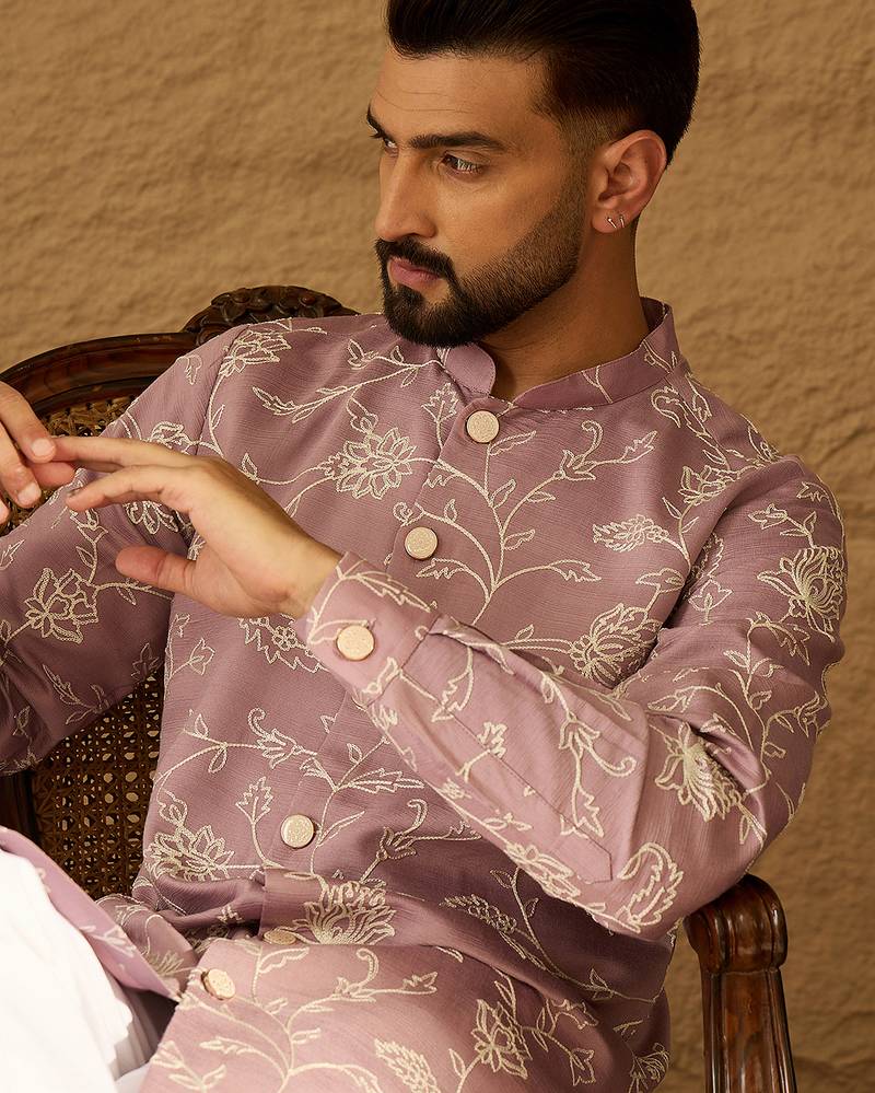 Men lavender viscose rayon solid embroidered straight kurta