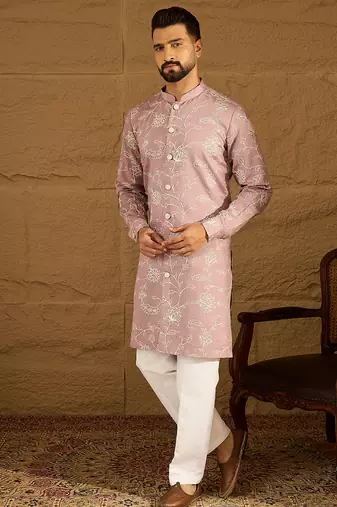 Men lavender viscose rayon solid embroidered straight kurta