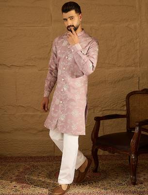 Men lavender viscose rayon solid embroidered straight kurta 5