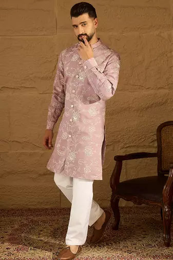 Men lavender viscose rayon solid embroidered straight kurta