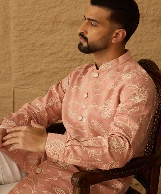Men peach viscose rayon solid embroidered straight kurta 1