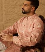 Men peach viscose rayon solid embroidered straight kurta