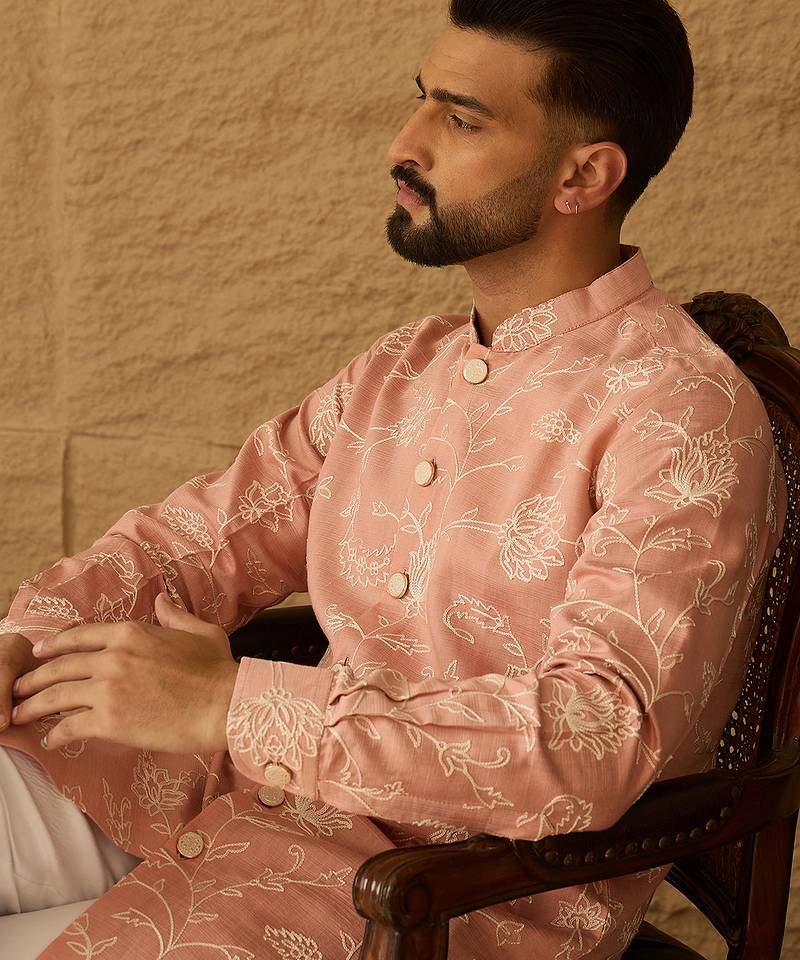 Men peach viscose rayon solid embroidered straight kurta